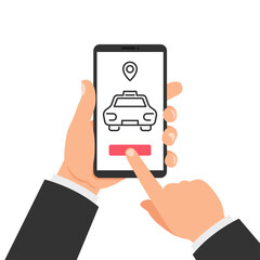 Taxi service app design. Mobile phone order taxi app illustration service driver outline car. Vector.