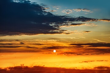 sunset in rural areas, bright sky with clouds . dramatic sky