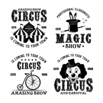 Circus show set of four vector monochrome emblems, badges, labels, logos in vintage style isolated on white background