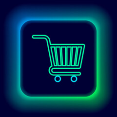 Glowing neon line Shopping cart icon isolated on black background. Online buying concept. Delivery service sign. Supermarket basket symbol. Colorful outline concept. Vector