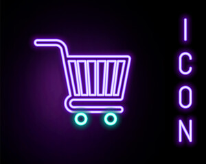 Glowing neon line Shopping cart icon isolated on black background. Online buying concept. Delivery service sign. Supermarket basket symbol. Colorful outline concept. Vector