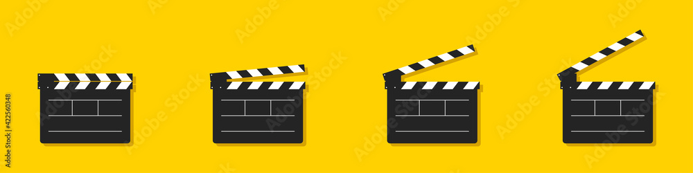 Wall mural Set of clapperboards isolated on yellow background. Conomography concept. Template for the director's instructions, the produce. Flat style. Vector illustration