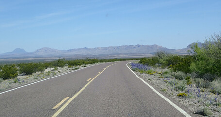 Road through the desert landscape with distant mountains