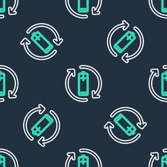 Line Battery with recycle symbol line icon isolated seamless pattern on black background. Battery with recycling symbol - renewable energy concept. Vector