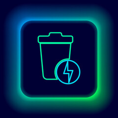 Glowing neon line Lightning with trash can icon isolated on black background. Waste to energy. Garbage bin sign. Recycle basket sign. Colorful outline concept. Vector
