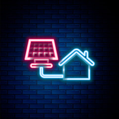 Glowing neon line House with solar panel icon isolated on brick wall background. Ecology, solar renewable energy. Eco-friendly house. Environmental Protection. Colorful outline concept. Vector