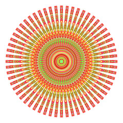 Creative multicolored points round symbol. Abstract symmetrical logo. Mosaic colorful beautiful beads. Circle dots modern pixel floral art icon. Colored pattern ornament wheel decorative illustration.