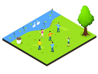 Happy kids playing at park isometric 3d vector concept for banner, website, illustration, landing page, flyer, etc.