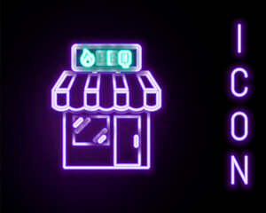 Glowing neon line Barbecue shopping building or market store icon isolated on black background. BBQ grill party. Shop construction. Colorful outline concept. Vector