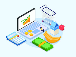 Woman with laptop and increasing food prices isometric 3d vector concept for banner, website, illustration, landing page, flyer, etc.