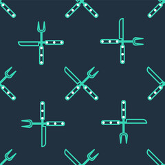 Line Crossed fork and knife icon isolated seamless pattern on black background. BBQ fork and knife sign. Barbecue and grill tools. Vector