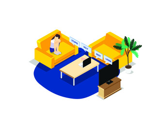 Sad woman in living room being bullied online isometric 3d vector concept for banner, website, illustration, landing page, flyer, etc.