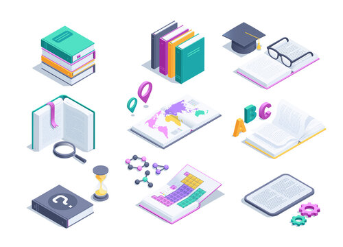 isometric vector illustration isolated on white background, set of books and icons for reading and learning theme