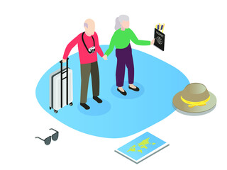 Elderly couple traveling isometric 3d vector concept for banner, website, illustration, landing page, flyer, etc.