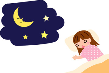 お月様とベッドで眠る女の子