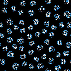 Line Donut with sweet glaze icon isolated seamless pattern on black background. Vector