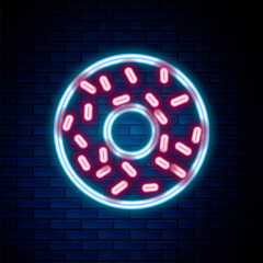 Glowing neon line Donut with sweet glaze icon isolated on brick wall background. Colorful outline concept. Vector