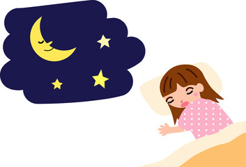 お月様とベッドで眠る女の子