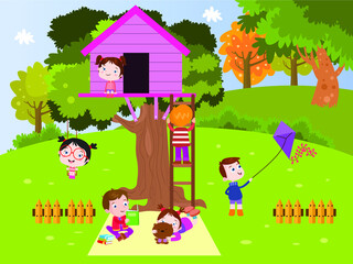 Obraz na płótnie Canvas Kids playing with tree house cartoon vector concept for banner, website, illustration, landing page, flyer, etc.