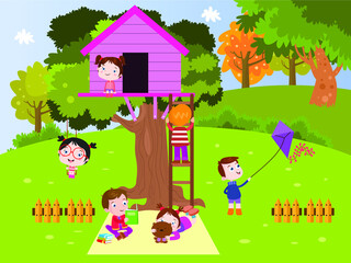 Kids playing with tree house cartoon vector concept for banner, website, illustration, landing page, flyer, etc.