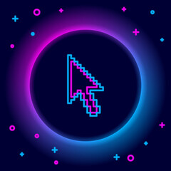 Glowing neon line Pixel arrow cursor icon isolated on black background. Colorful outline concept. Vector