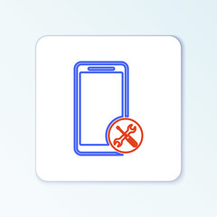Line Smartphone with screwdriver and wrench icon isolated on white background. Adjusting, service, setting, maintenance, repair, fixing. Colorful outline concept. Vector
