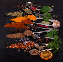 dried spices - pepper, turmeric, paprika, anise, lavender, adjika, cilantro in old spoons on a black background