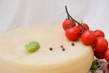 Medium hard cheese head parmesan on wooden board, with cheese parmesan with tomatoes on the table