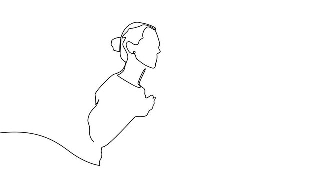 Continuous line animation business presentation woman trainer talking one single line drawn character politics speaker, business coach speaking before audience Political meeting speech. mp4 4k video.
