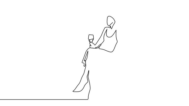 Beautiful girl sitting at a table in a cafe drinking wine, brunette, vector line illustration. One line animation of a woman in a dress sitting and drinking wine from a glass. minimalist motion video.