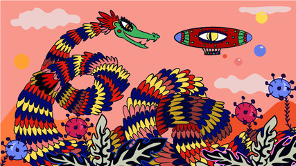 Colorful dragon and zeppelin © Velcheva