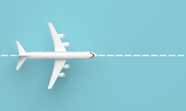 Plane on the runway. Top view and blue background. 3d rendering