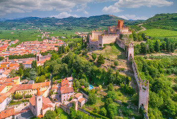 Aerial view to Soave castle, Soave, Verona, Italy - 422566760