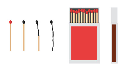 Set of matches isolated on white background. Burning and burnt matches. Vector illustration