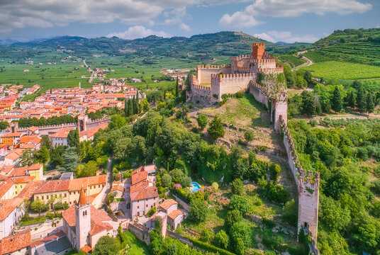 Aerial view to Soave castle, Soave, Verona, Italy