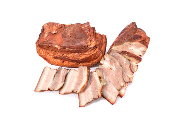 Pork fat.A piece of homemade boiled brisket with meat layers is isolated on a white background.