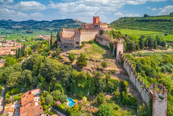 Aerial view to Soave castle, Soave, Verona, Italy - 422566967