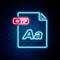 Glowing neon line OTF file document. Download otf button icon isolated on brick wall background. OTF file symbol. Colorful outline concept. Vector