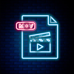 Obraz premium Glowing neon line MOV file document. Download mov button icon isolated on brick wall background. MOV file symbol. Audio and video collection. Colorful outline concept. Vector