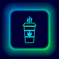 Glowing neon line Cup coffee with marijuana or cannabis leaf icon isolated on black background. Marijuana legalization. Hemp symbol. Colorful outline concept. Vector
