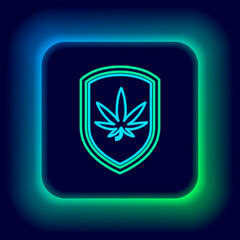 Glowing neon line Shield and marijuana or cannabis leaf icon isolated on black background. Marijuana legalization. Hemp symbol. Colorful outline concept. Vector