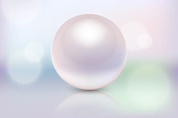 Vector 3d Realistic Beautiful Natural Pearl Closeup with Reflection on Blurred Muliticolor Background. Design Template of for Graphics. Cosmetic, Jewelry Concept. Front View
