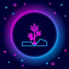 Glowing neon line Planting marijuana or cannabis plant in the ground icon isolated on black background. Marijuana growing concept. Hemp symbol. Colorful outline concept. Vector