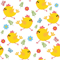 Running chickens pattern with flowers and butterflies, color vector illustration on white background, print textile