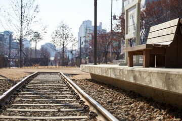 Broken railway and bench in Korea.
