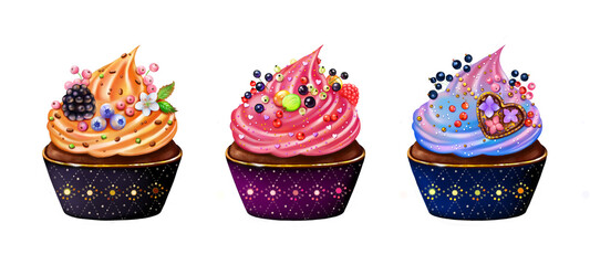 A set of bright muffins with orange, pink, lilac cream and berries. Realistic illustration of cupcakes in a package with glitters. Design for postcards, menus, stickers, covers. 