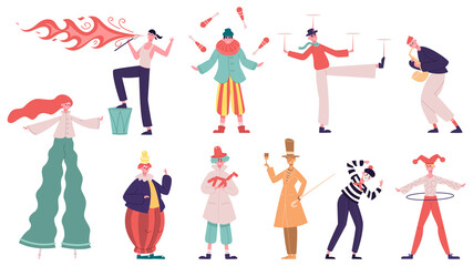 Street performance artists. Festival performing show characters, juggler, fakir and living statue. Artistic street performance vector illustration set © WinWin