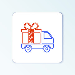 Line Delivery truck with gift icon isolated on white background. Colorful outline concept. Vector