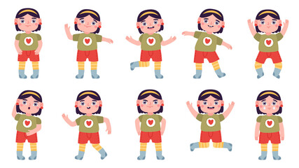 Little girl expression. Happy and angry little girl emotions, smile, sad kid expression. Cute girl character vector illustration set