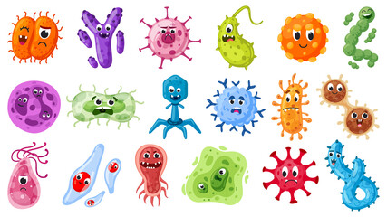 Cartoon bacteria characters. Viruses, germs and pandemic microbes emoticons microorganism. Disease viruses mascots vector illustration set